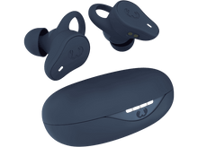 Charger l&#39;image dans la galerie, Deux écouteurs sans fil bleus et un étui de chargement sur fond noir.
