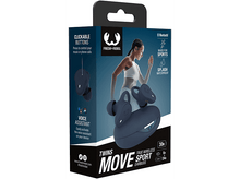 Charger l&#39;image dans la galerie, Écouteurs bleus en boîte avec graphique de femme, caractéristiques et nom de marque.
