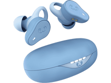 Charger l&#39;image dans la galerie, Écouteurs sans fil bleus et étui de chargement. Les écouteurs sont en haut et l&#39;étui en bas.
