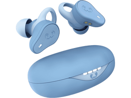 Écouteurs sans fil bleus et étui de chargement. Les écouteurs sont en haut et l