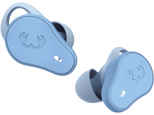Charger l&#39;image dans la galerie, Paire d&#39;écouteurs bleu clair et gris, flottants. Chacun a un logo sur le côté.
