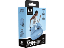 Charger l&#39;image dans la galerie, Boîte d&#39;écouteurs montrant une femme qui s&#39;exerce. Texte : Boutons cliquables, assistant vocal, Twins Move Sport, étanche.
