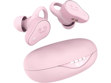 Charger l&#39;image dans la galerie, Écouteurs sans fil roses et étui de chargement sur fond noir. L&#39;étui a des LED.
