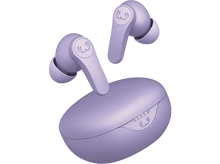 Charger l'image dans la galerie, Paire d'écouteurs sans fil violets et étui de chargement, isolés sur fond noir.
