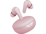 Écouteurs sans fil roses et étui de chargement. Les écouteurs sont dans l'étui. Fond noir.