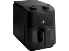 Charger l&#39;image dans la galerie, Une friteuse à air noire avec deux cadrans et une poignée sur fond noir.
