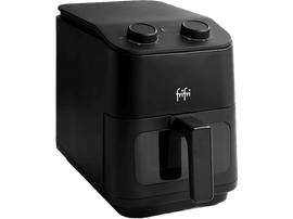 Une friteuse à air noire avec deux cadrans et une poignée sur fond noir.