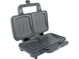 Presse à sandwich grise ouverte. Deux plaques, charnières à l