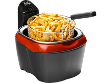 Charger l&#39;image dans la galerie, Une friteuse. Elle a un panier rempli de frites. La friteuse est noire et rouge.
