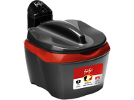 Friteuse noire avec bord rouge et couvercle noir. Le logo et le texte sont visibles.