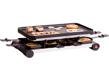 Charger l&#39;image dans la galerie, Grill à raclette avec fromage et nourriture. Viande et légumes dessus, fromage dessous.
