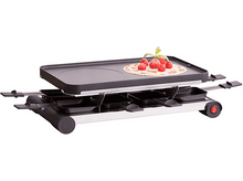 Charger l&#39;image dans la galerie, Gril à raclette avec surface noire, plateaux à fromage en dessous, framboises et crêpe dessus.
