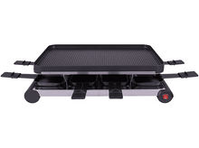 Charger l&#39;image dans la galerie, Gril à raclette avec surface de grill noire, poêlons et bouton marche/arrêt.
