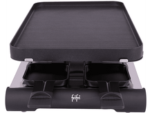 Charger l&#39;image dans la galerie, Gril à raclette avec deux plateaux, une plaque de cuisson noire et une base argentée. Appareil de préparation.
