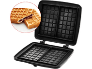 Gaufrier noir ouvert. Deux gaufres, une coupée montrant de la confiture, dans un encart circulaire.