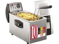 Une friteuse en acier inoxydable avec des frites et une râpe.