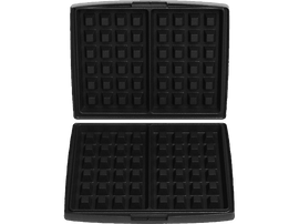 Gaufrier noir ouvert, montrant les plaques de cuisson avec des motifs carrés.