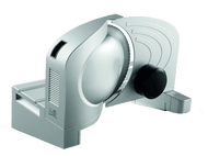 Trancheuse à viande argentée, lame ouverte. Un bouton noir est à droite.