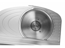 Charger l&#39;image dans la galerie, Gros plan sur une trancheuse à viande argentée avec une lame circulaire.
