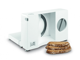 Trancheuse à pain blanche avec des tranches de pain à côté.