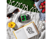Charger l&#39;image dans la galerie, Appareil photo QuickSnap, lunettes de soleil, livre, fleur et fraises sur une couverture de pique-nique.
