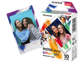 Boîte de film Fujifilm Instax Mini, avec une photo de deux femmes souriantes et une image de photos.
