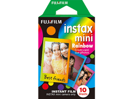 Boîte de film Instax mini Rainbow. Elle présente des photos de personnes souriantes.
