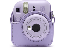 Charger l&#39;image dans la galerie, Un appareil photo Instax Mini 12 violet dans un étui assorti. L&#39;objectif et le flash sont visibles.
