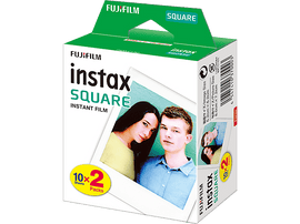 Boîte de film instantané Fujifilm Instax Square, avec exemples de photos et emballage.