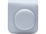 Un étui pour appareil photo Instax bleu clair. L'étui est fermé et rond, avec le logo Instax au centre.