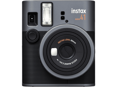 Appareil photo Instax mini 41, gris et noir, objectif et flash visibles.