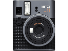 Appareil photo Instax mini 41, gris et noir, objectif et flash visibles.