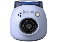 Charger l&#39;image dans la galerie, Appareil photo Instax. Un petit appareil photo bleu clair avec un objectif et un flash, une lumière en haut.
