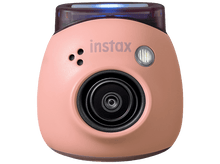 Charger l&#39;image dans la galerie, Appareil photo Instax rose. Il est rond avec un objectif, un flash et des boutons. Une lumière bleue est allumée en haut.
