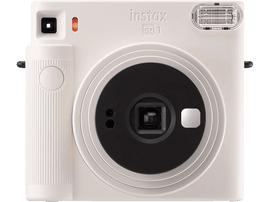 Appareil photo Instax SQ1 blanc. Il a un grand objectif, un flash et un miroir à selfie. L