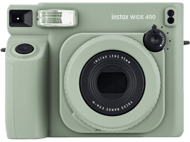 Un appareil photo instantané Instax Wide 400 vert menthe avec objectif et flash noirs.