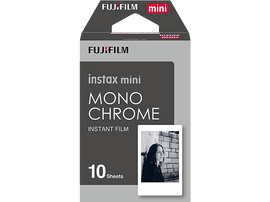 Boîte de film Fujifilm instax mini monochrome. Contient du film et montre une photo de femme.