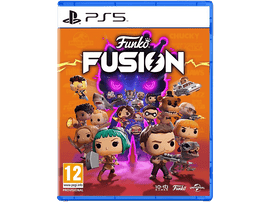 Boîte de jeu Funko Fusion PS5. Personnages de diverses franchises sur fond orange et violet.