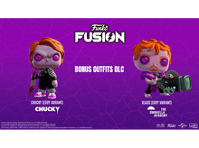 Charger l&#39;image dans la galerie, Figurines Funko Pop de Chucky et Klaus avec texte et fond violet.
