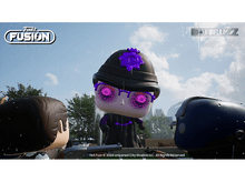 Charger l&#39;image dans la galerie, Personnage de dessin animé d&#39;un policier avec un badge et des yeux violets sur fond pluvieux.
