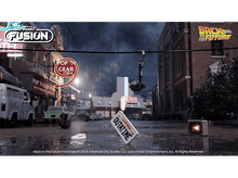 Charger l&#39;image dans la galerie, Scène de Retour vers le Futur avec pluie, rue, voiture et panneau &#39;OUTATIME&#39;.
