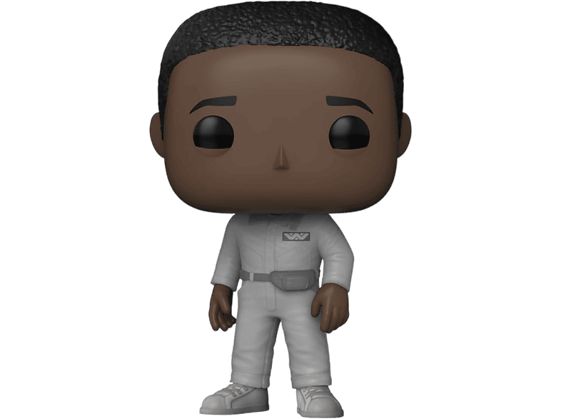 Figurine Funko Pop d'un homme en combinaison spatiale blanche. Fond noir. La figurine a la peau foncée.