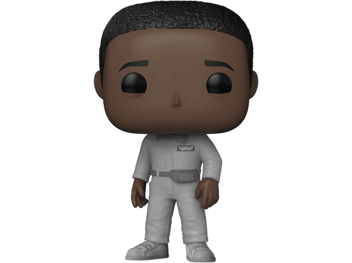 Figurine Funko Pop d'un homme en combinaison spatiale blanche. Fond noir. La figurine a la peau foncée.