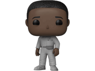 Figurine Funko Pop d'un homme en combinaison spatiale blanche. Fond noir. La figurine a la peau foncée.