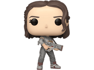 Figurine Funko Pop d'une femme tenant une arme, vêtue d'une tenue grise.
