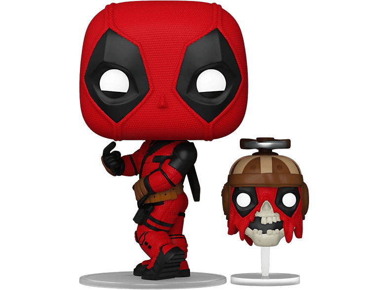 Figurine Funko Pop Deadpool. Costume rouge, masque, et autre tête de zombie. Socle blanc. Fond noir.
