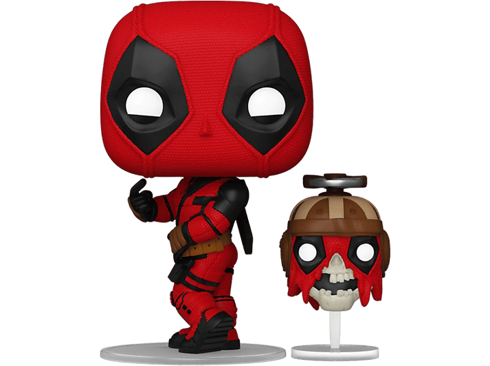 Figurine Funko Pop Deadpool. Costume rouge, masque, et autre tête de zombie. Socle blanc. Fond noir.
