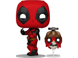 Figurine Funko Pop Deadpool. Costume rouge, masque, et autre tête de zombie. Socle blanc. Fond noir.