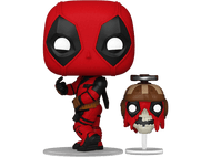Figurine Funko Pop Deadpool. Costume rouge, masque, et autre tête de zombie. Socle blanc. Fond noir.