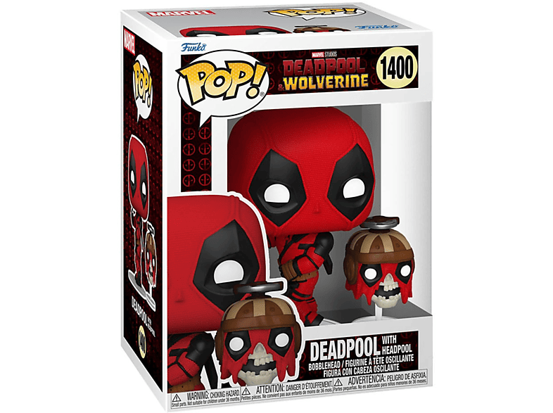 Figurine Deadpool dans une boîte. Couleurs rouge et noir. Fond blanc.